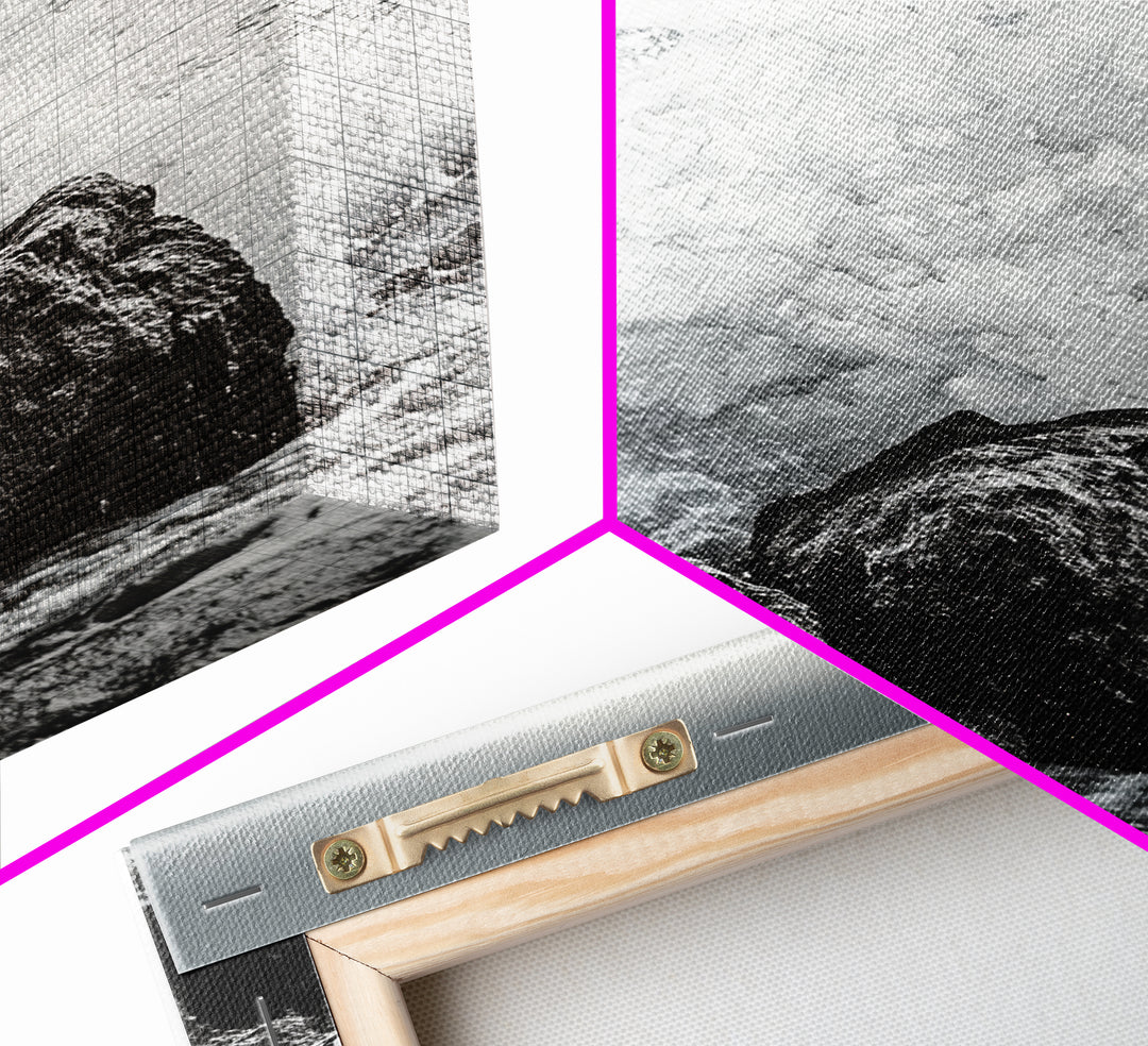 Ocean Splash, Rocky Coast, Dramatic Seascape, Monochrome Power, Framed Canvas Print, Coastal Wall Art, Entryway or Office Decor