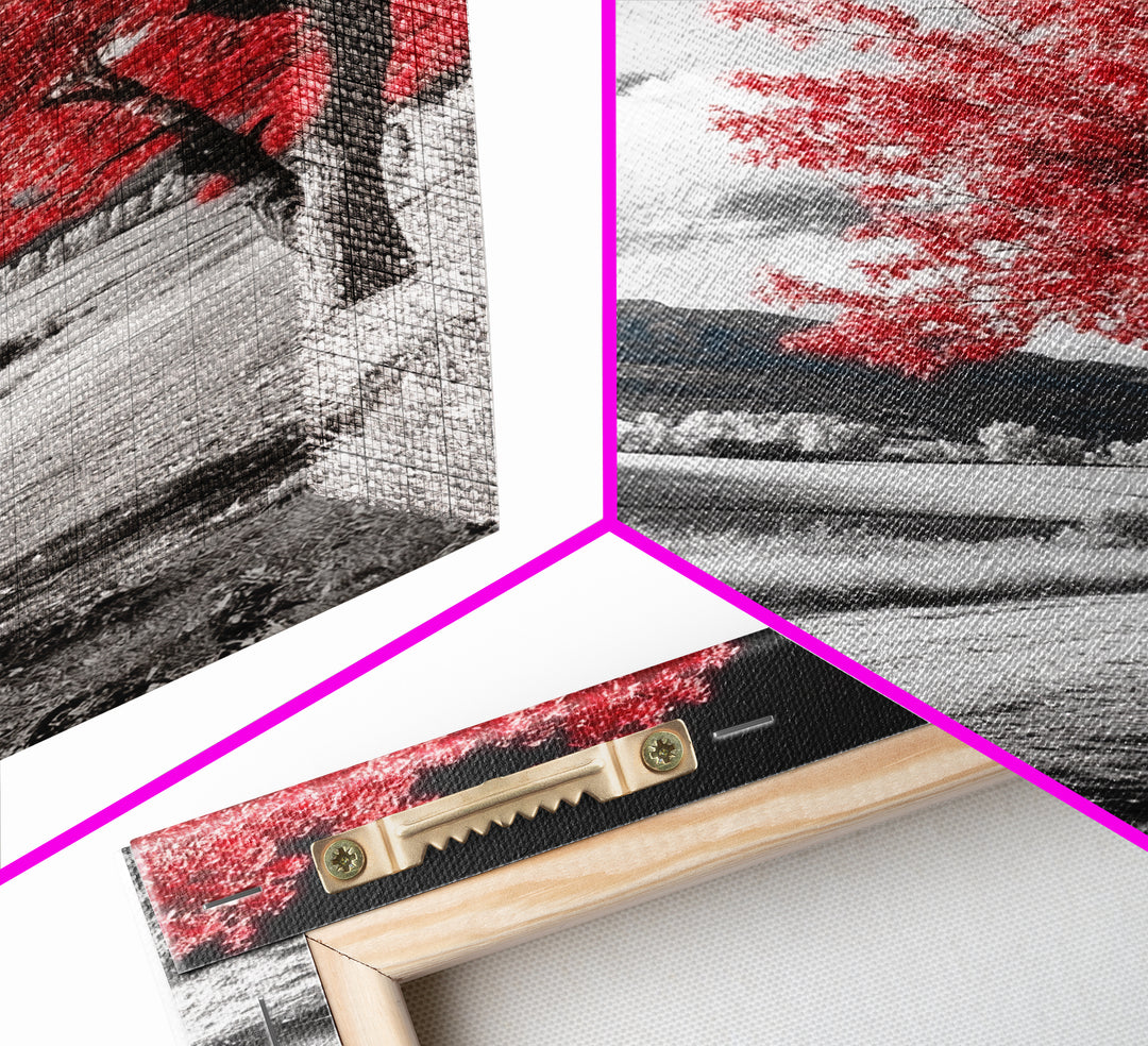 Autumn Red Tree, Scenic Road, Countryside Field, Framed Canvas Print, Fall Wall Art, Rustic Home Decor, Nature Photography, Office Accent