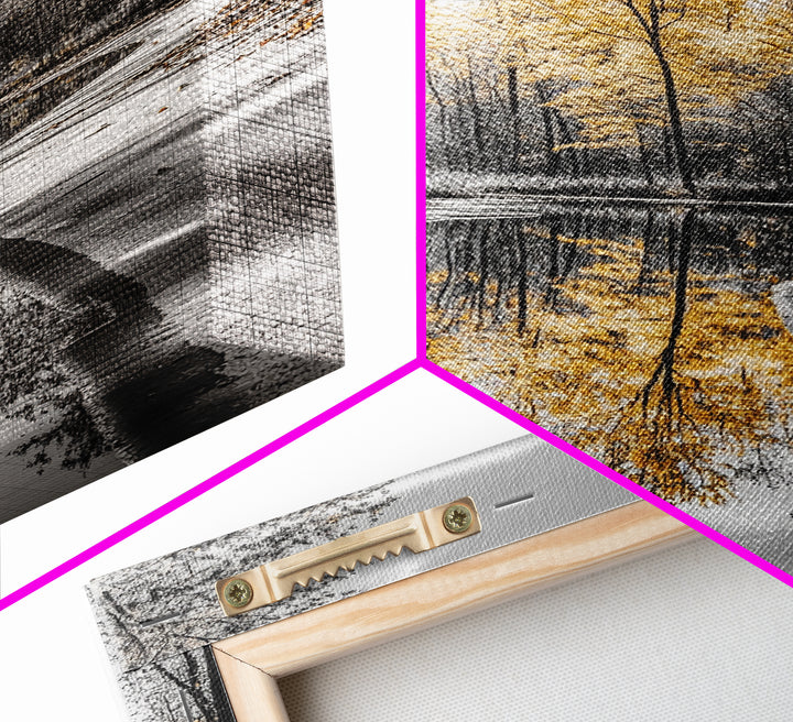 Autumn Trees, Yellow Reflection, Calm River, Nature Path, Framed Canvas Print fall landscape wall art, minimalist forest photography