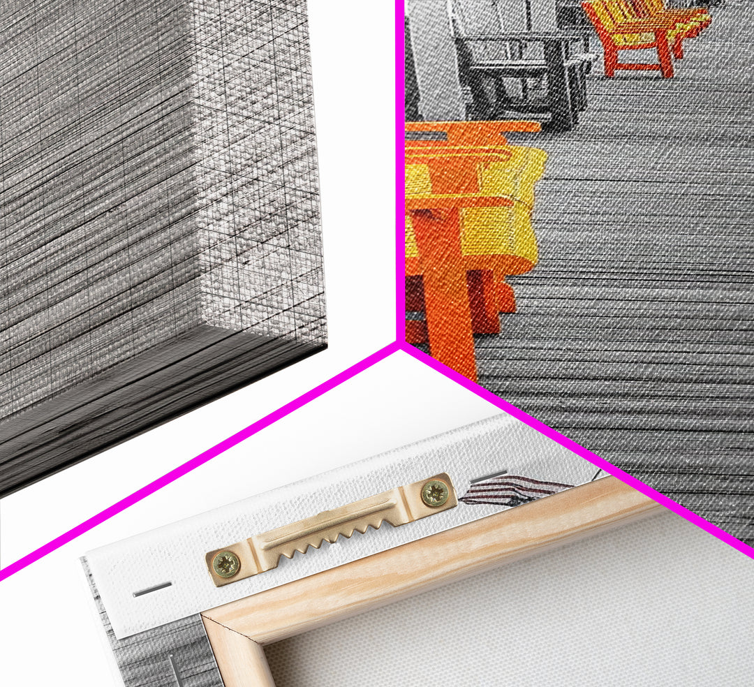 Boardwalk Chairs, Orange Seating, Coastal Town, Wooden Path, Framed Canvas Print beach town photography, nautical home decor, coastal art