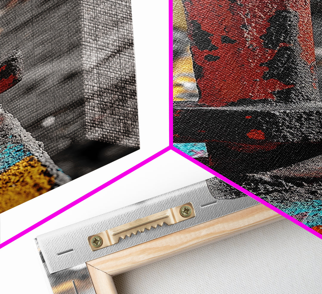 Red Peg, Graffiti Steel, Urban Rust Texture, Canvas Print, Industrial Wall Art, Modern Loft Decor, Urban Decay Photography