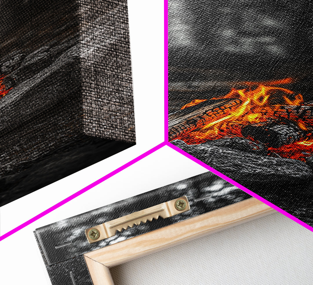 Campfire Glow, Cozy Flames, Autumn Wall Art, Framed Canvas Print, Nature Photography, Rustic Decor, Living Room Cabin Aesthetic