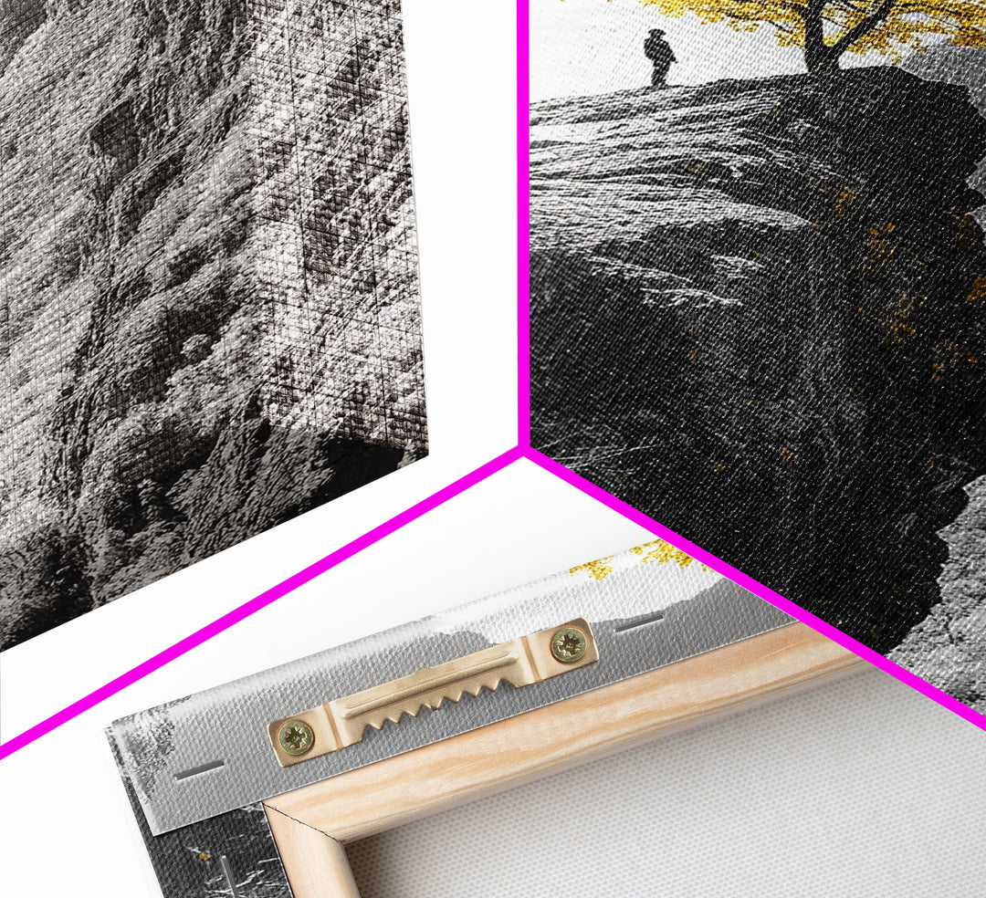 Cliff Tree, Yellow Foliage, Hiker Scene, Framed Canvas Print, Landscape Art, Fall Wall Decor, Adventure Wall Art, Office Statement Piece