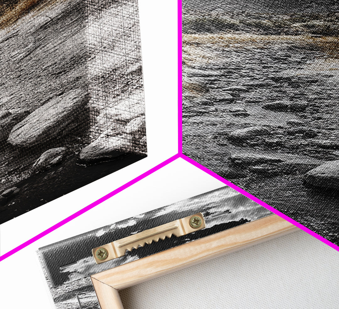 Desert Stream, Rocky Canyon, Moody Sky, Framed Canvas Print, Monochrome Landscape, Minimalist Art, Office or Entryway Decor