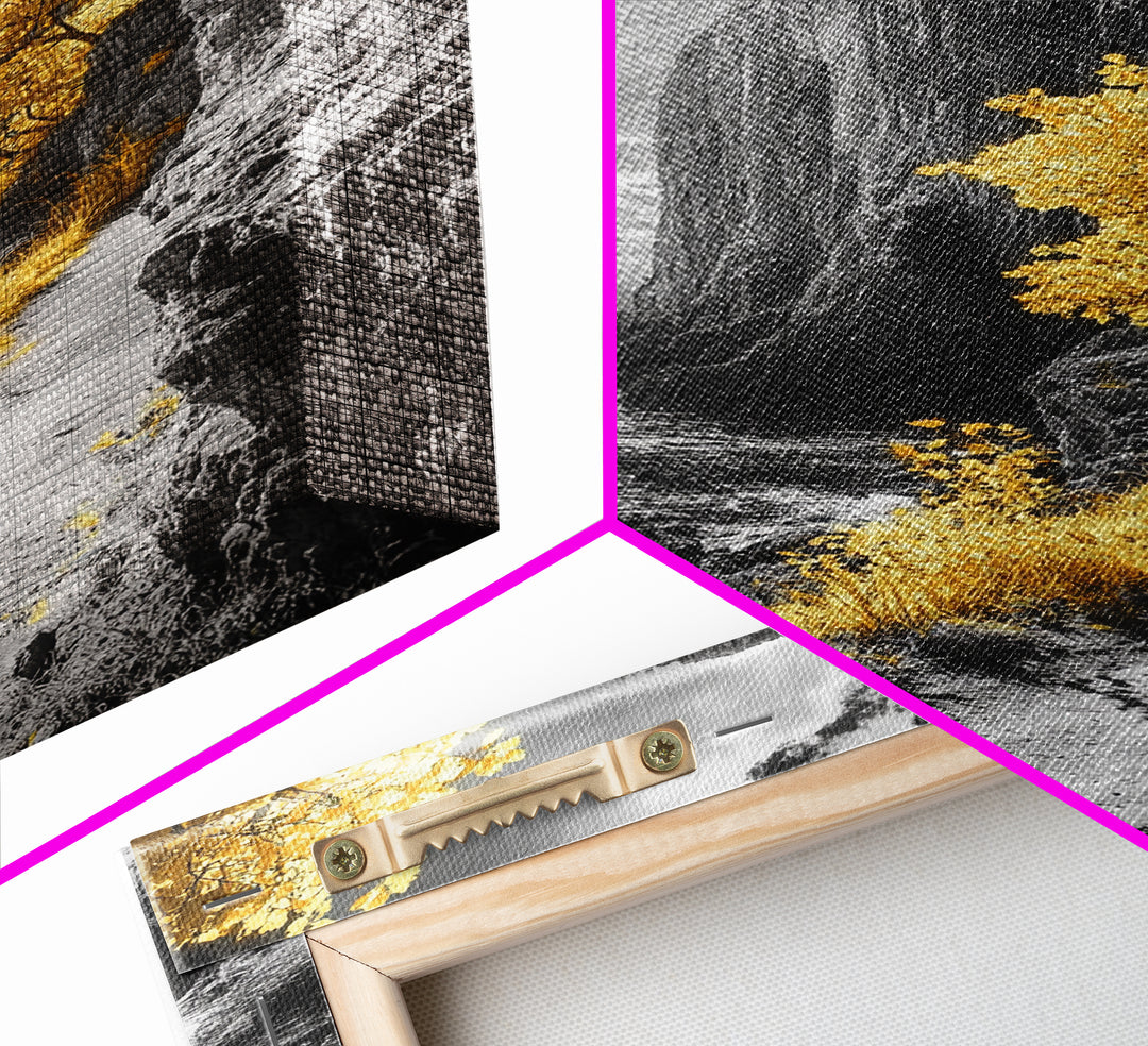 Golden Trees, Dramatic Cliff Path, Ocean Horizon, Nature Escape, Framed Canvas Print, Rustic Wall Art, Autumn Decor, Entryway Art