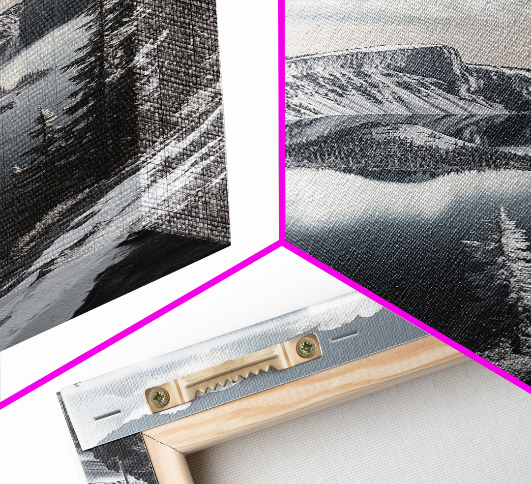 Crater Lake, Snowy Mountains, Scenic Reflection View, Framed Canvas Print, Cabin Wall Art, Winter Landscape Decor, Nature Vibes