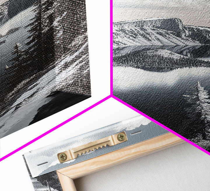 Crater Lake, Snowy Mountains, Scenic Reflection View, Framed Canvas Print, Cabin Wall Art, Winter Landscape Decor, Nature Vibes