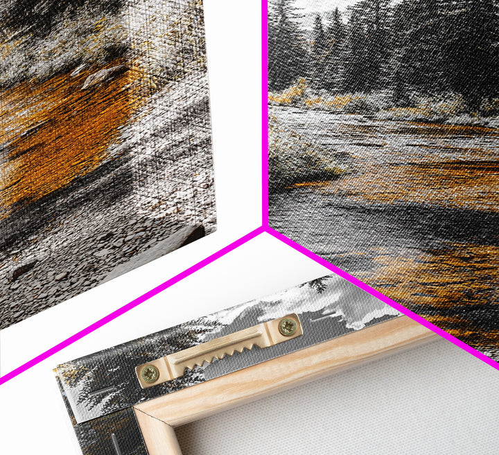 Forest Stream, Autumn Glow, Mountain Trees, Framed Canvas Print, Rustic Cabin Wall Art, Nature Photography, Fall Landscape Decor