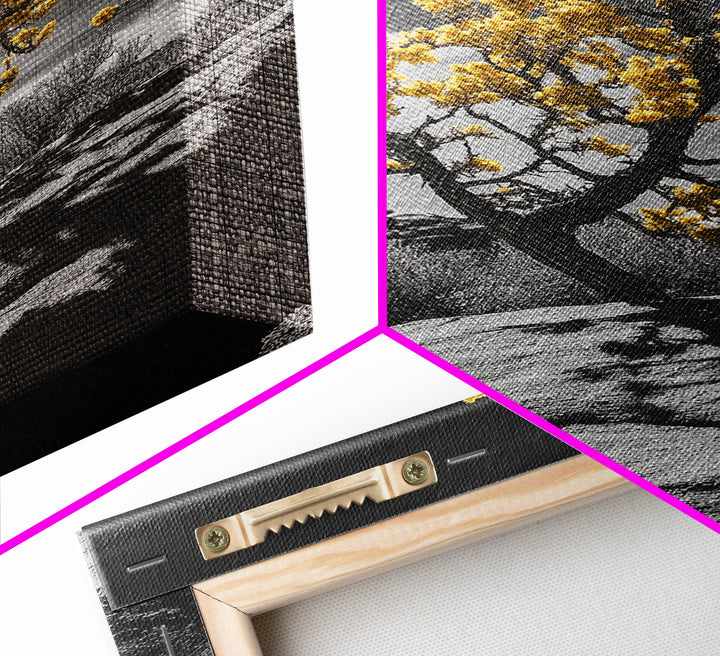 Desert Bloom, Yellow Tree, Rocky Hill, Framed Canvas Print, Southwest Wall Art, Boho Nature Decor, Minimalist Desert Landscape