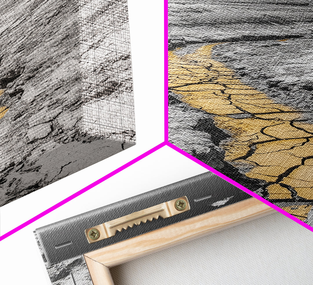 Desert Riverbed, Yellow Crack Trail, Dry Earth Path, Framed Canvas Print, Southwestern Wall Art, Minimalist Nature Decor, Earth Tone Style