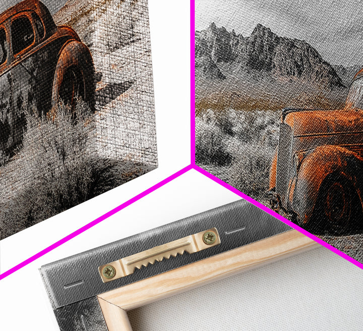 Desert Wreck, Abandoned Car, Moody Landscape, Rusty Vehicle — Framed Canvas Print, Industrial Wall Art, Garage Decor, Western Photography