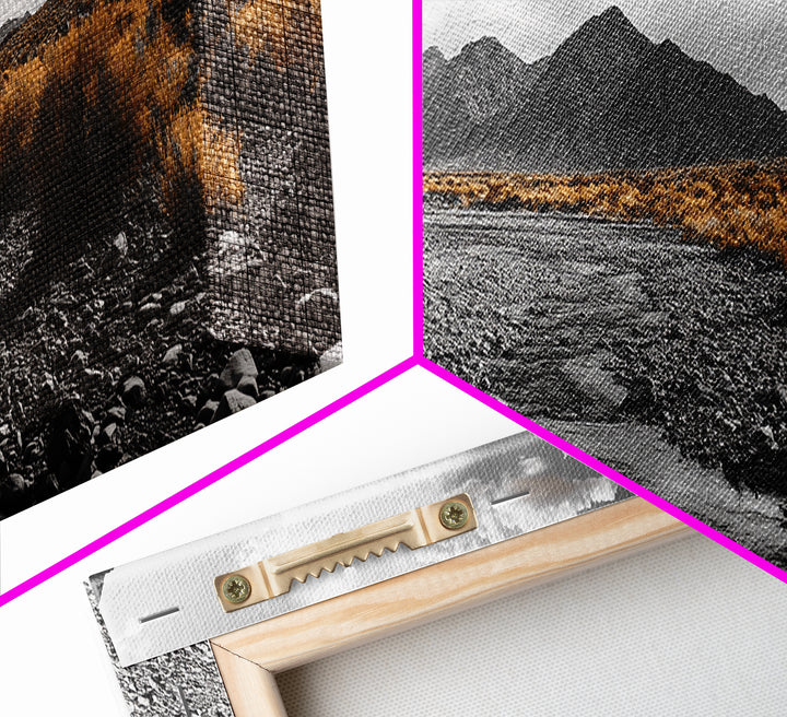 Desert Creek, Rugged Mountains, Golden Shrubs, Nature Path — Framed Canvas Print, Autumn Wall Decor, Rustic Office Art, Landscape Canvas