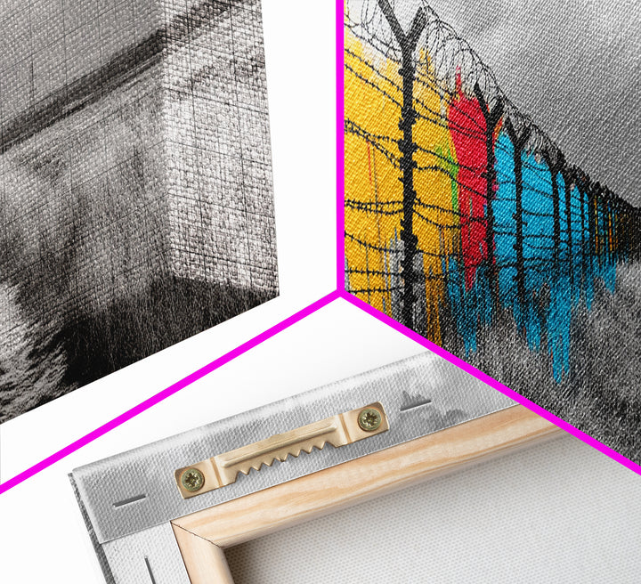 Barbed Wire, Graffiti Fence, Urban Street Art, Political Statement, Framed Canvas Print, Modern Wall Art, Office Decor, Activist Art