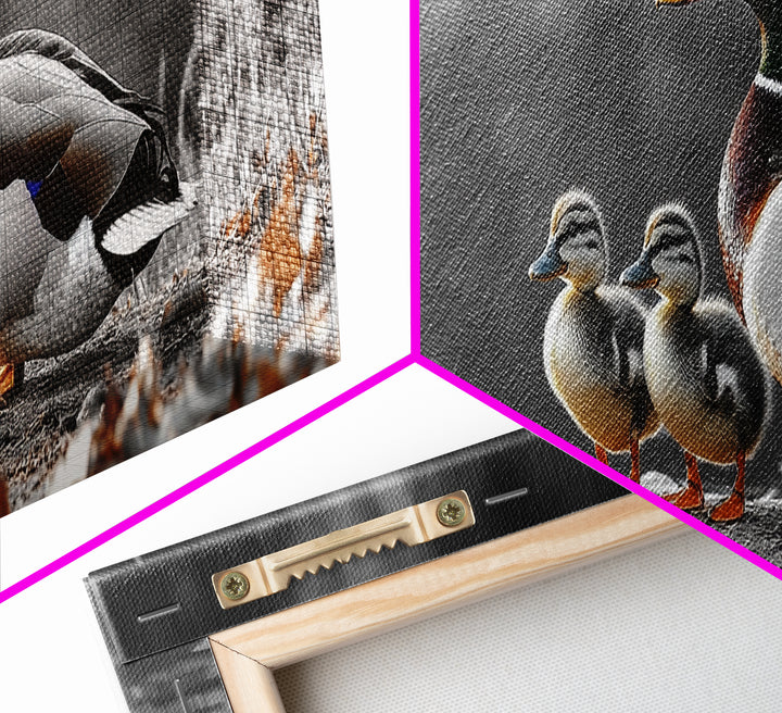 Duck Family, Nature Scene, Wildlife Birds, Lake Reflections, Framed Canvas Print, Nursery Decor, Cozy Art, Nature Lover Gift