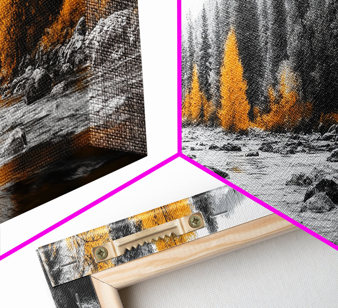 River Flow, Autumn Forest, Mountain Pines, Golden Trees, Canvas Print, Fall Decor, Nature Lover Gift, Rustic Wall Art, Boho Wall Art