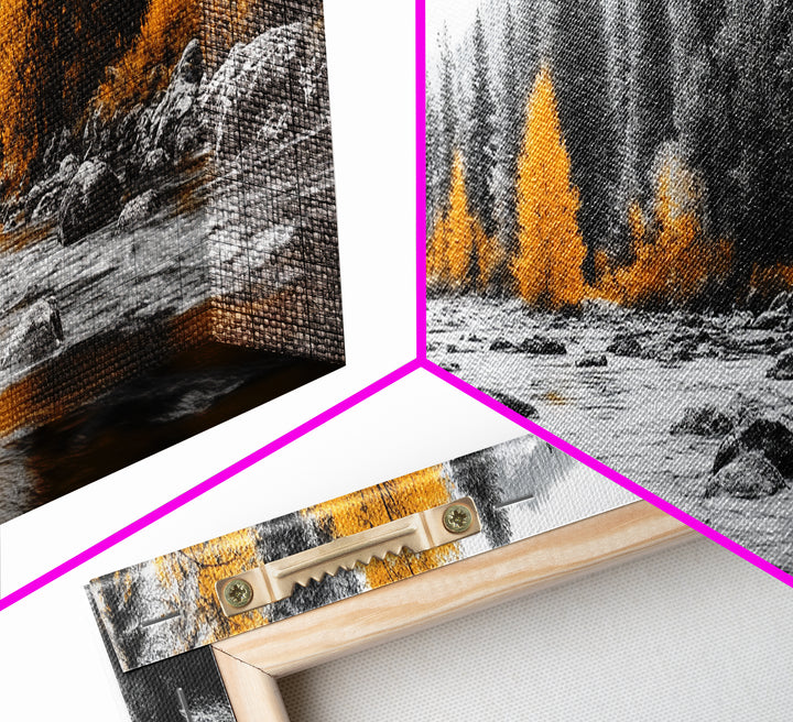 River Flow, Autumn Forest, Mountain Pines, Golden Trees, Canvas Print, Fall Decor, Nature Lover Gift, Rustic Wall Art, Boho Wall Art