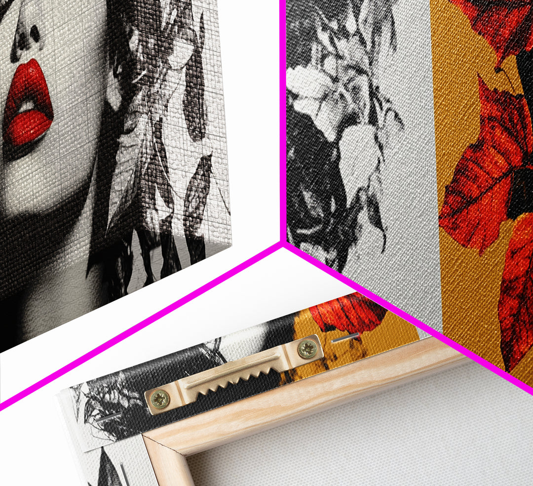 Autumn Leaves, Bold Lips Portrait, Fashion Face Art, Framed Canvas Print, Fall Wall Decor, Modern Bedroom Art, Boho Glam Aesthetic