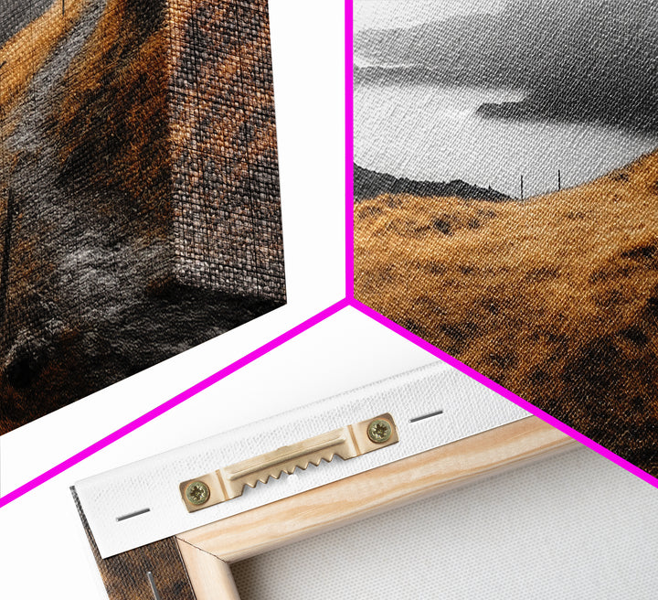 Coastal Cliff Path, Golden Grasses by Sea, Canvas Print, Autumn Hiking Scene, Misty Nature Wall Art, Hallway Landscape Photography