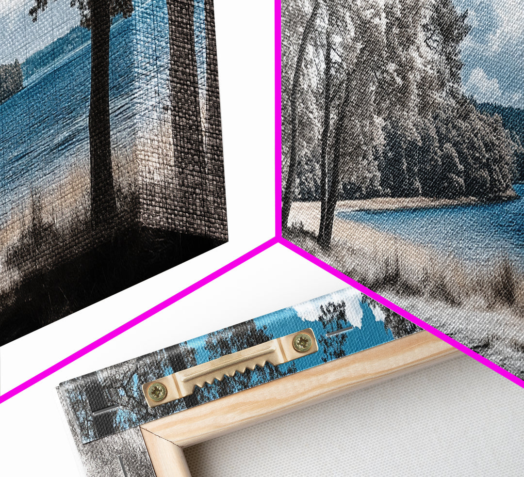 Coastal Forest Path, Lakeside Nature Trail, Tranquil Blue Water, Canvas Print, Minimalist Landscape, Bedroom Wall Art