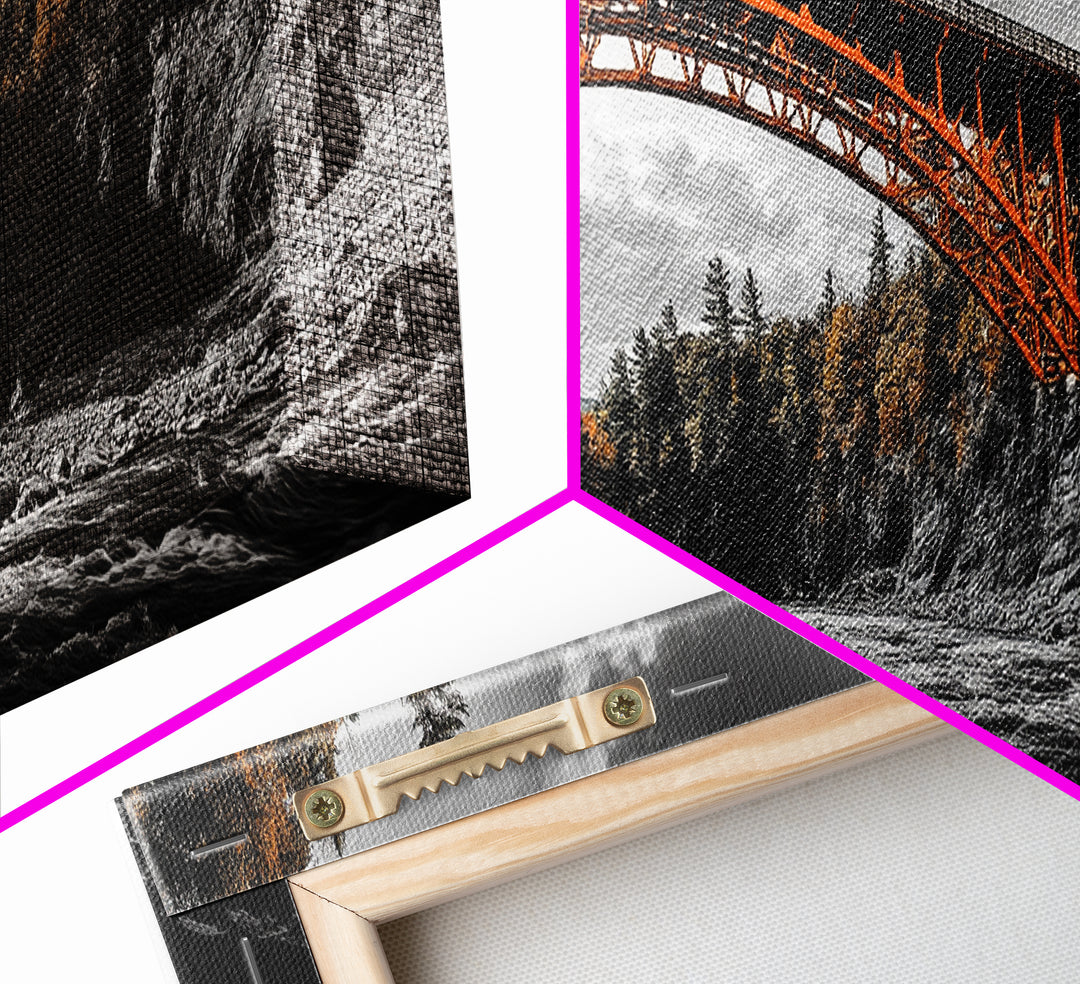 Autumn River Bridge, Orange Iron Arch, Canyon Flow Scene, Framed Canvas Print, Rustic Fall Decor, Entryway Wall Art, Living Room Decor