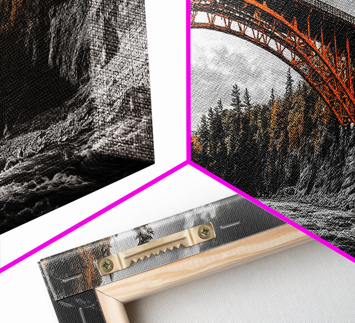 Autumn River Bridge, Orange Iron Arch, Canyon Flow Scene, Framed Canvas Print, Rustic Fall Decor, Entryway Wall Art, Living Room Decor