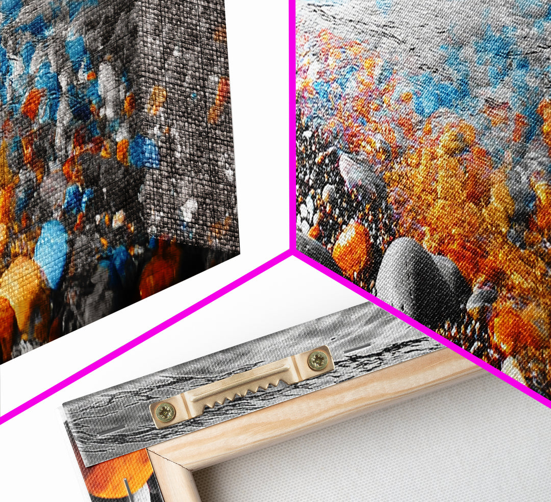 Colorful Pebble Shore, Vibrant Lake Stones, Blue Orange Rocks, Framed Canvas Print, Boho Coastal Style, Bathroom Wall Art