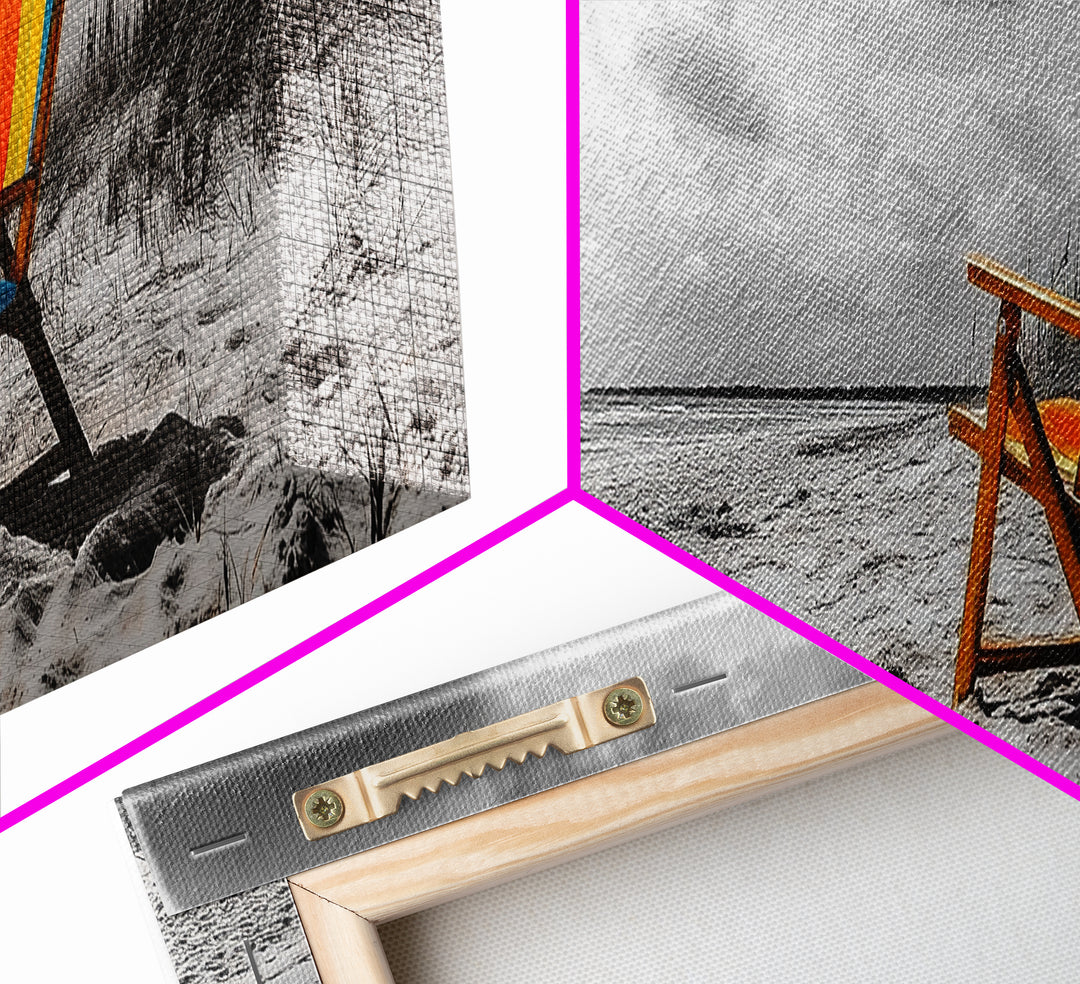 Beach Chair, Coastal Solitude, Striped Fabric, Seaside Calm, Framed Canvas Print, Minimalist Wall Art, Beach House Decor