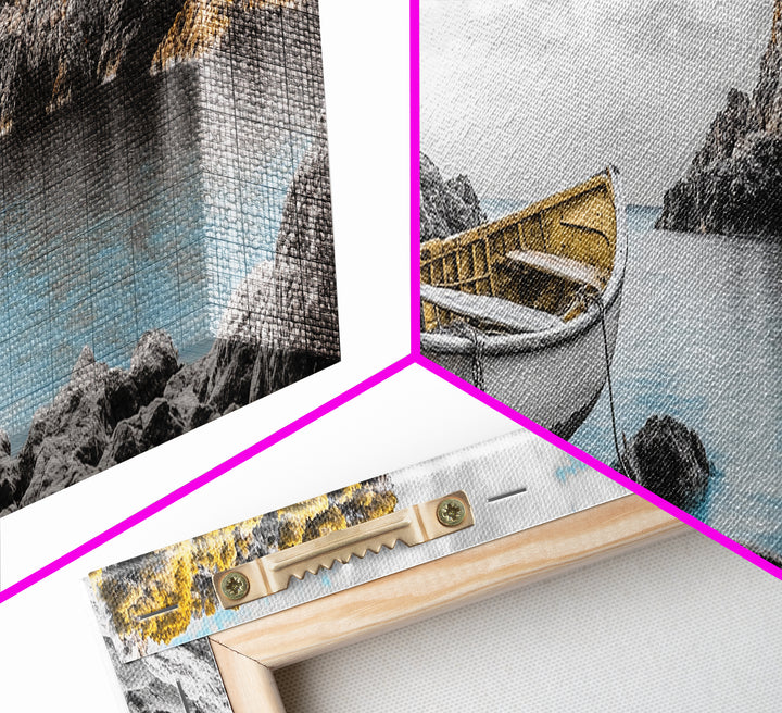 Abandoned Rowboat, Rustic Shore, Autumn Cove, Island Serenity, Framed Canvas Print, Lakehouse Decor, Coastal Wall Art, Nature Print