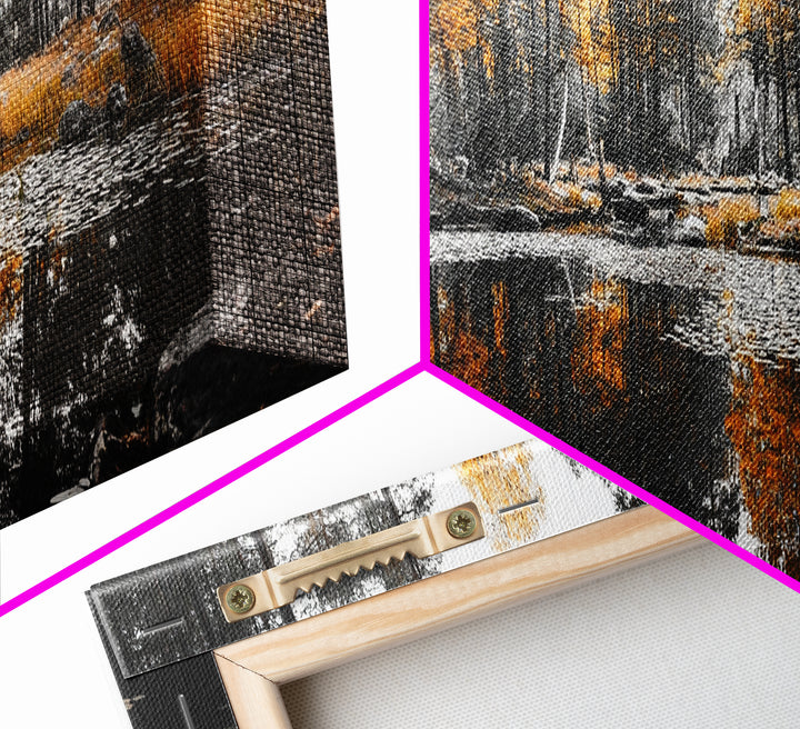 Autumn Forest, Golden Trees, Tranquil Reflection, Nature Pond, Framed Canvas Print, Fall Wall Art, Living Room Decor, Cozy Vibes