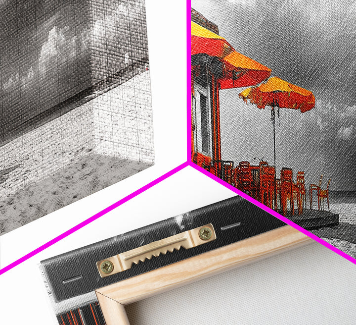 Beach Cafe, Orange Umbrellas, Seaside Dining, Sunny Vibes, Framed Canvas Print, Kitchen Wall Art, Summer Coastal Style