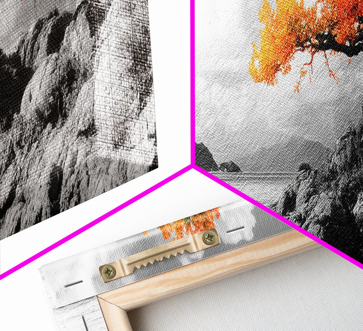 Autumn Tree, Coastal Cliff, Ocean Horizon, Framed Canvas Print, Autumn decor, rustic wall art, minimalist nature, neutral tones