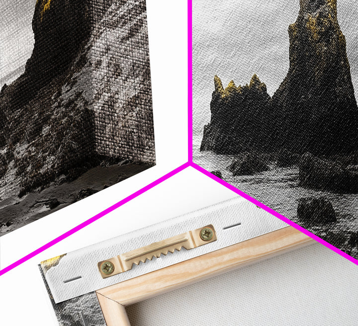 Sea Stacks, Rocky Shore, Golden Moss, Framed Canvas Print, coastal wall art, moody ocean print, beach house decor, nature photography
