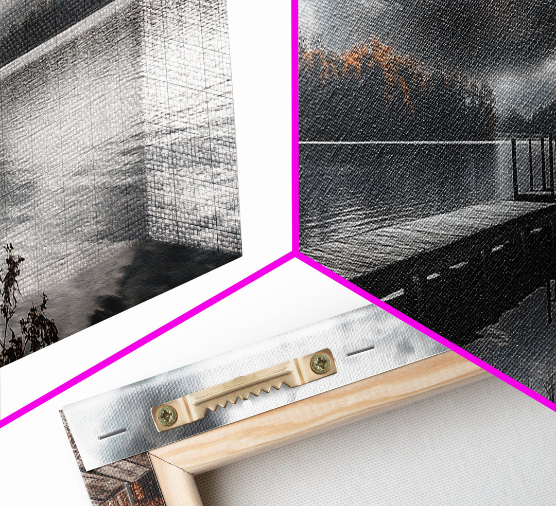 Autumn Lake, Stormy Sky, Wooden Dock, Canvas Print, fall landscape wall art, cozy home decor, cabin style print, orange forest reflections