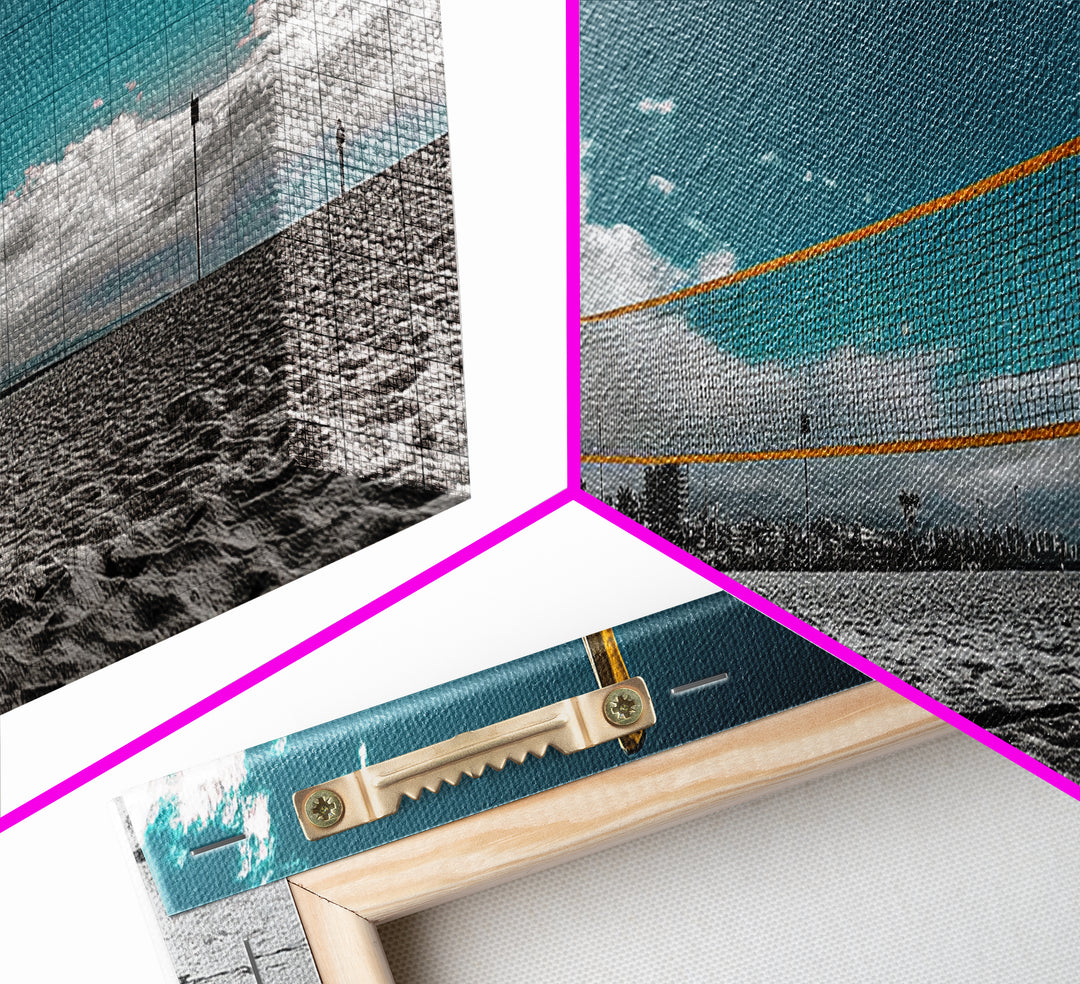 Beach Volleyball, Palm Trees, Summer Sport, Coastal Minimalism, Framed Canvas Print, Rec Room Wall Art, Sporty Vibe Decor