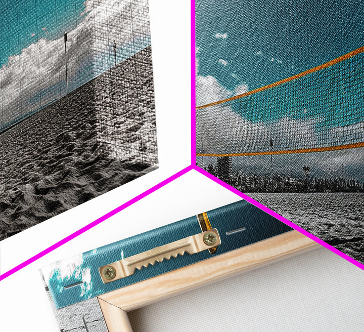 Beach Volleyball, Palm Trees, Summer Sport, Coastal Minimalism, Framed Canvas Print, Rec Room Wall Art, Sporty Vibe Decor