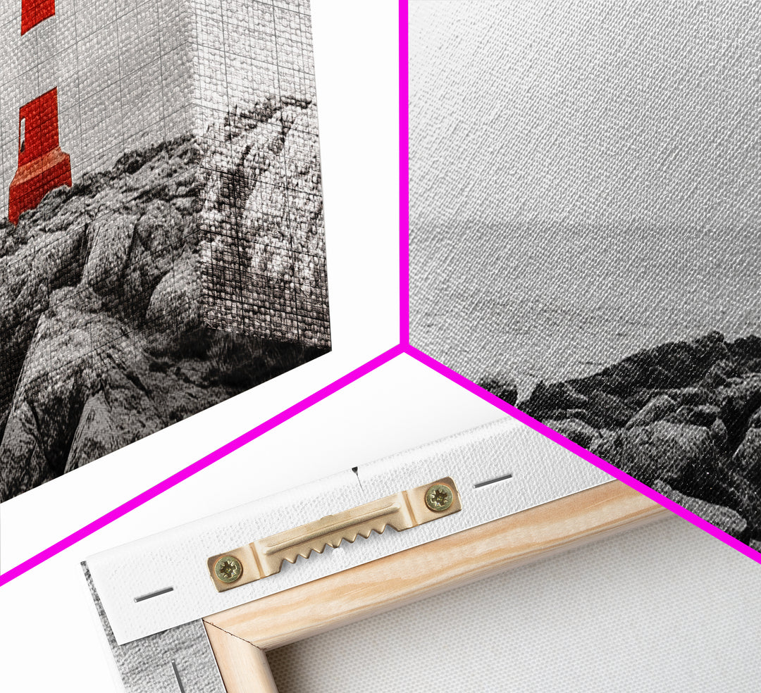 Rocky Shore, Coastal Guide, Red Lighthouse, Ocean Cliff Scene, Framed Canvas Print, Nautical Wall Decor, Bathroom Wall Art, Minimalist Art