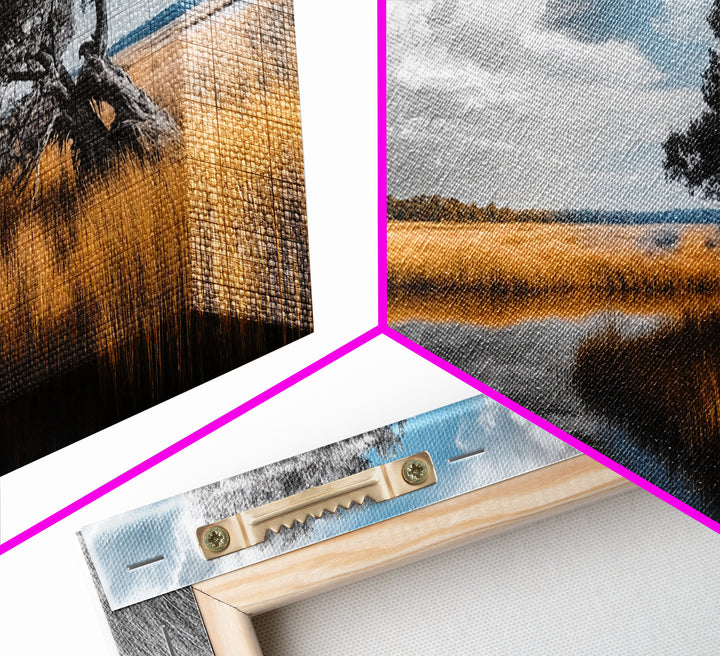 Autumn Marsh, Windswept Tree, Golden Grass, Storm Sky, Framed Canvas Print, Fall Wall Art, Living Room Decor, Rustic Landscape