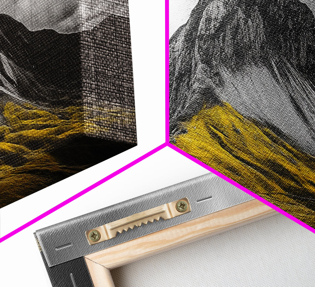 Black Mountain Peak, Moody Sky, Bold Yellow Hillside, Framed Canvas Print, Nature Art, Bedroom Wall Decor, Modern Landscape Print