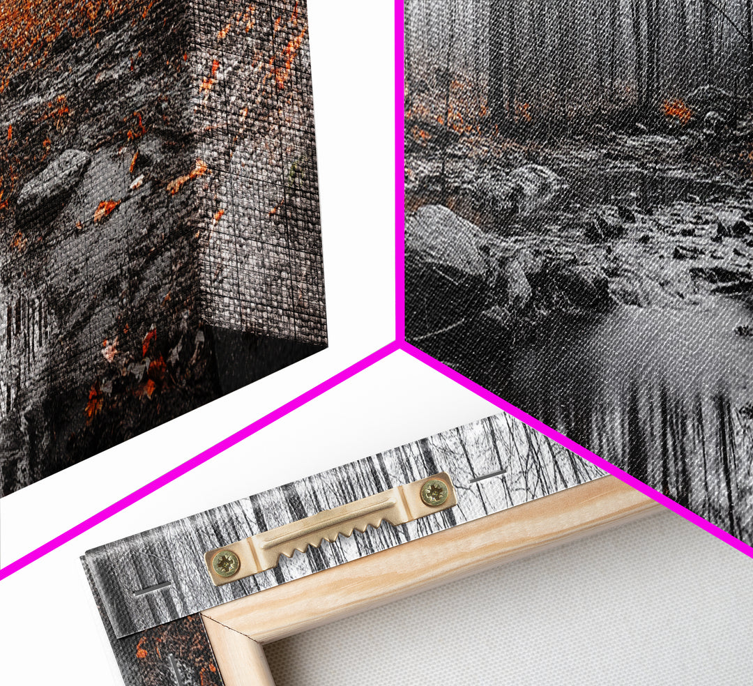 Autumn Forest Stream, Bare Trees, Orange Leaves, Framed Canvas Print, Fall Wall Art, Cozy Nature Scene, Entryway Decor