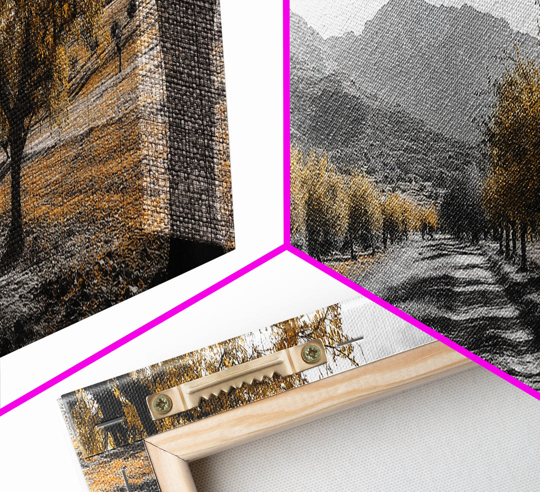 Autumn Orchard, Tree Tunnel, Mountain Path, Golden Fields, Framed Canvas Print, Fall Landscape Art, Rustic Farmhouse Decor, Dining Room Wall Art