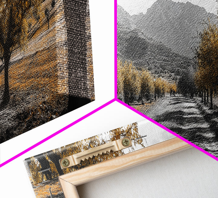 Autumn Orchard, Tree Tunnel, Mountain Path, Golden Fields, Framed Canvas Print, Fall Landscape Art, Rustic Farmhouse Decor, Dining Room Wall Art