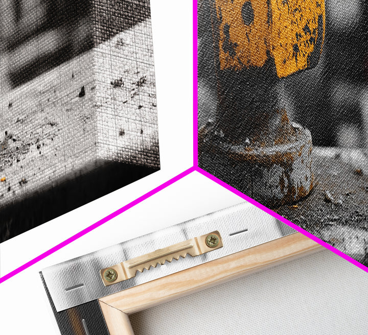 Yellow Metal Lever, Industrial Machine Detail, Workshop Photography, Gritty Rustic Vibe, Canvas Print, Garage Wall Art, Urban Loft Decor