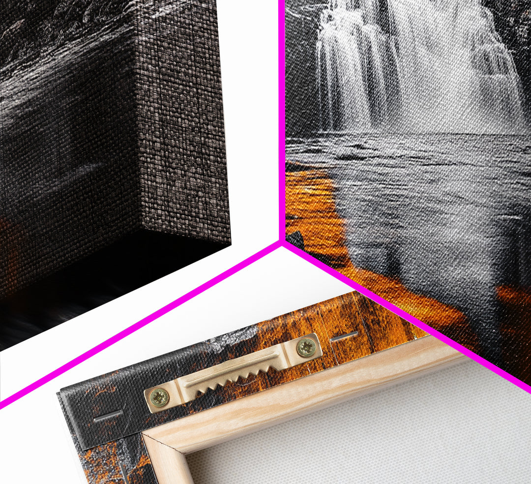 Autumn Waterfall, Fall Trees, Golden Reflections, Tranquil Scene, Framed Canvas Print, Nature Wall Art, Seasonal Decor, Cozy Living Room