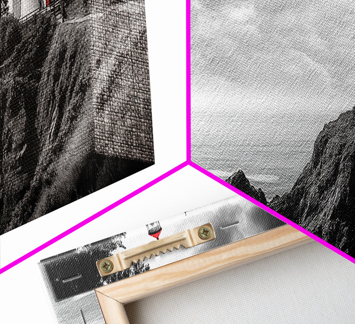 Coastal Lighthouse, Ocean Cliffs, Red Roof, Nautical Beacon, Framed Canvas Print, Bathroom Wall Art, Minimalist Coastal Decor, Seaside Vibe