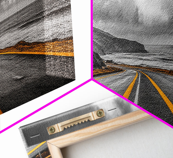 Coastal Highway Drive, Scenic Ocean Road, Stormy Sky Vibes, Framed Canvas Print, Modern Wall Art, Office Decor, Monochrome Landscape