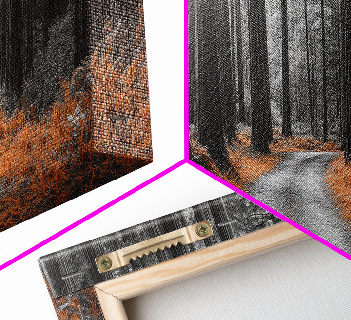 Redwood Forest Path, Serene Nature Trail, Autumn Ground Cover, Framed Canvas Print, Fall Wall Art, Rustic Home Decor, Woodland Scene