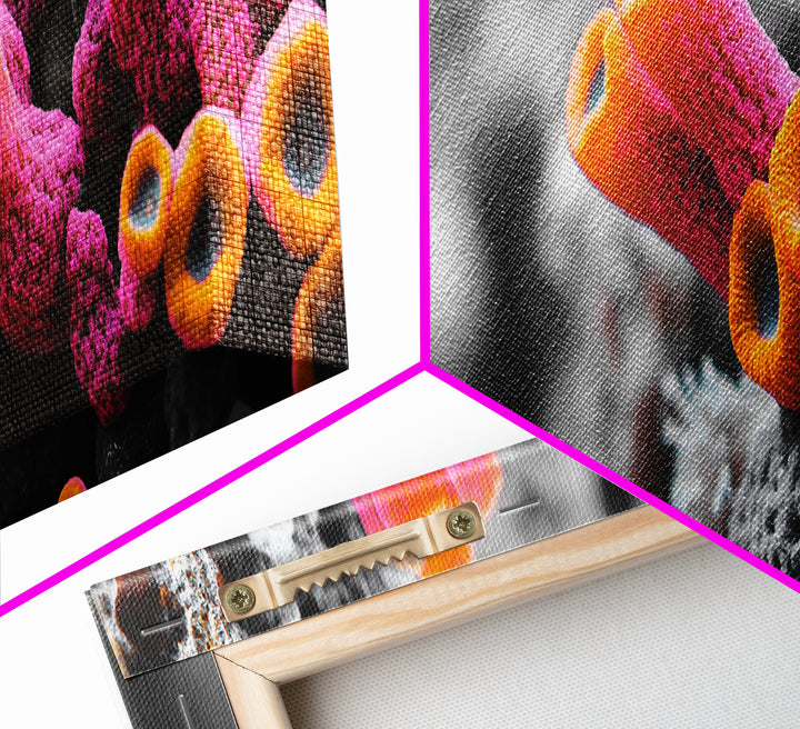Neon Coral Closeup, Vibrant Underwater Detail, Oceanic Texture Wall Art, Framed Canvas Print, Bathroom Decor, Coastal Modern Style