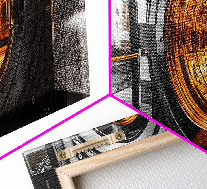 Bank Vault, Futuristic Glow, Industrial Design, Gold Tones, Framed Canvas Print, Office Wall Art, Cyberpunk Decor, Grunge Decor