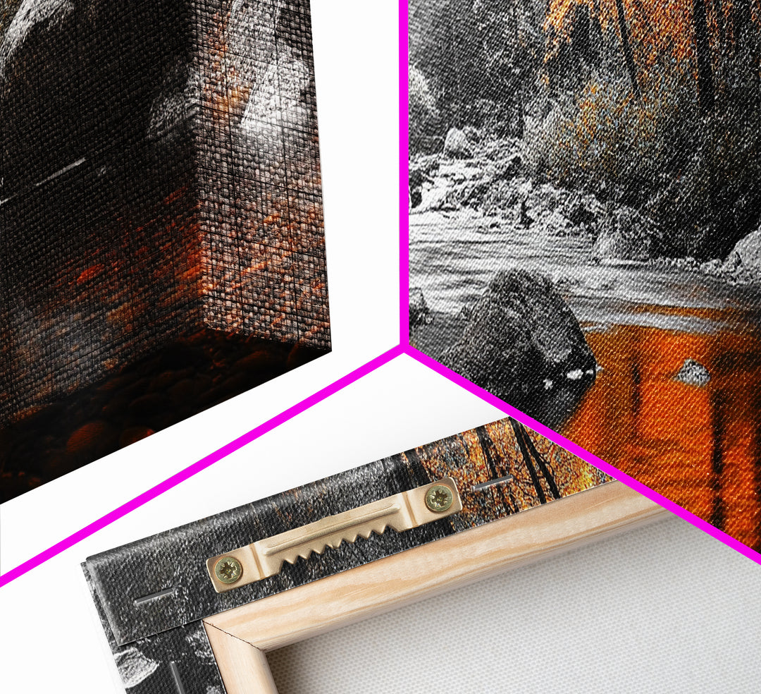 Autumn River Scene, Fall Forest Landscape, Tranquil Waters, Framed Canvas Print, Rustic Wall Art, Cabin Decor, Moody Photography