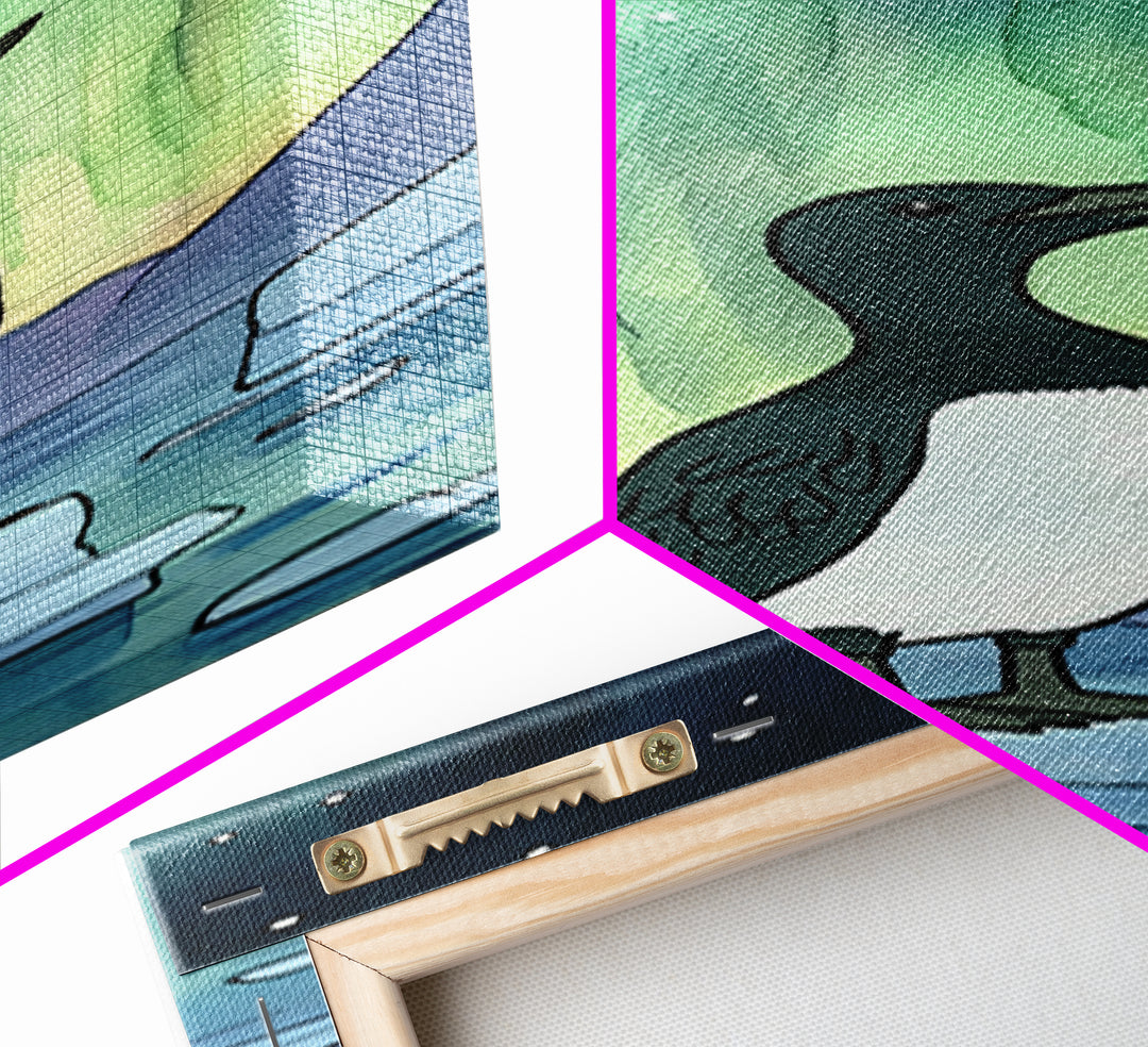Penguin Under Northern Lights Wall Art, Aurora Night Sky Canvas Print, Whimsical Polar Animal Decor, Nursery Gift, Kids Room